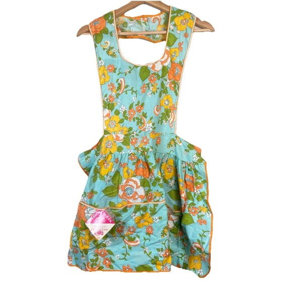 Vtg Fruit Of The Loom Bib Floral Apron Rick Rack Pockets NWT Retro Teal Orange - Picture 1 of 8